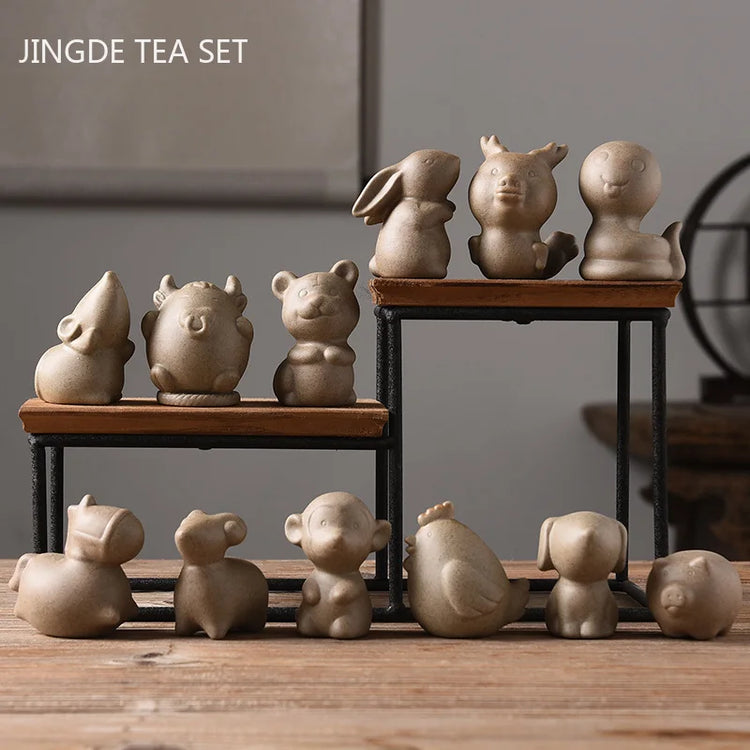 1Pc Crude Pottery Zodiac Tea Pet Ornaments Boutique Cute Mini Tea Figurine Pottery Tea Set Decoration Tea Table Accessories