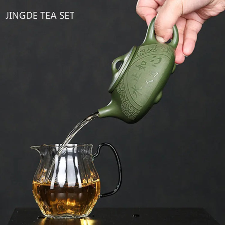 220ml Yixing Purple Clay Teapot Raw Ore Green Mud Hand-carved Stone Scoop Kettle Home Beauty Tea Infuser Chinese Zisha Tea Set