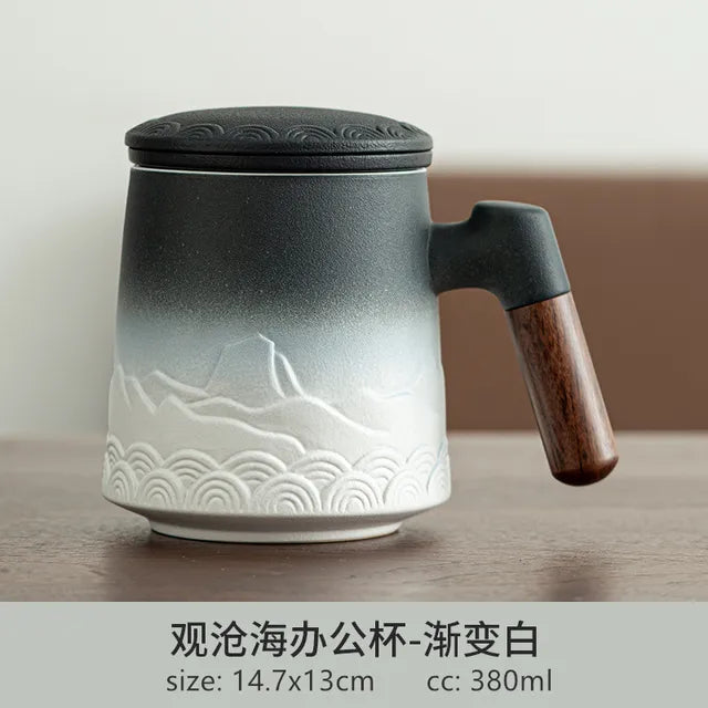 380ml Japanese Hand Carved Office Cup Ceramic Mug Wooden Handle with Cover Tea Separation Tea Infuser Large Capacity Teacup