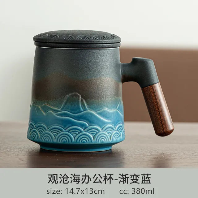 380ml Japanese Hand Carved Office Cup Ceramic Mug Wooden Handle with Cover Tea Separation Tea Infuser Large Capacity Teacup