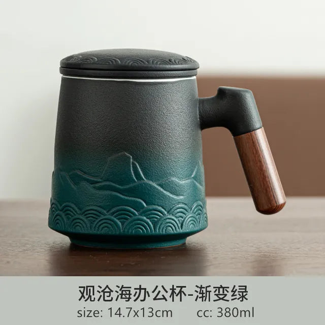 380ml Japanese Hand Carved Office Cup Ceramic Mug Wooden Handle with Cover Tea Separation Tea Infuser Large Capacity Teacup