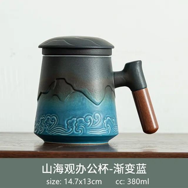 380ml Japanese Hand Carved Office Cup Ceramic Mug Wooden Handle with Cover Tea Separation Tea Infuser Large Capacity Teacup