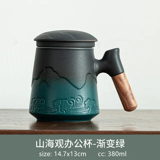 380ml Japanese Hand Carved Office Cup Ceramic Mug Wooden Handle with Cover Tea Separation Tea Infuser Large Capacity Teacup