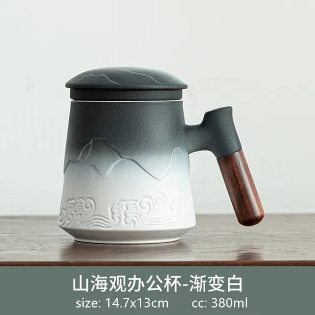 380ml Japanese Hand Carved Office Cup Ceramic Mug Wooden Handle with Cover Tea Separation Tea Infuser Large Capacity Teacup