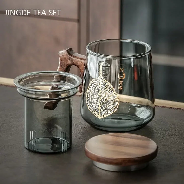 430ml Modern Exquisite Glass Teacup Tea Water Separation Filter Tea Infuser Office Wooden Handle Mug Custom Tea Set Gifts