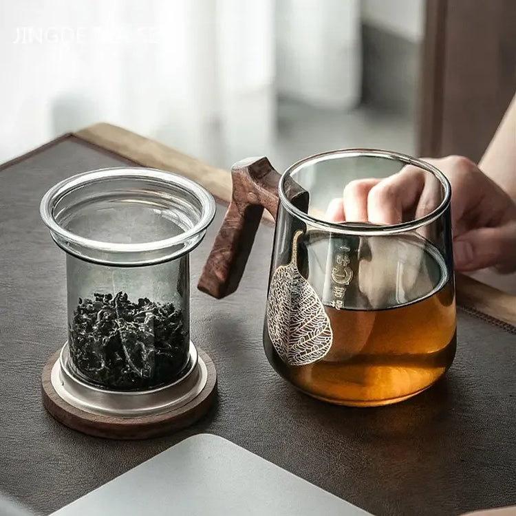 430ml Modern Exquisite Glass Teacup Tea Water Separation Filter Tea Infuser Office Wooden Handle Mug Custom Tea Set Gifts