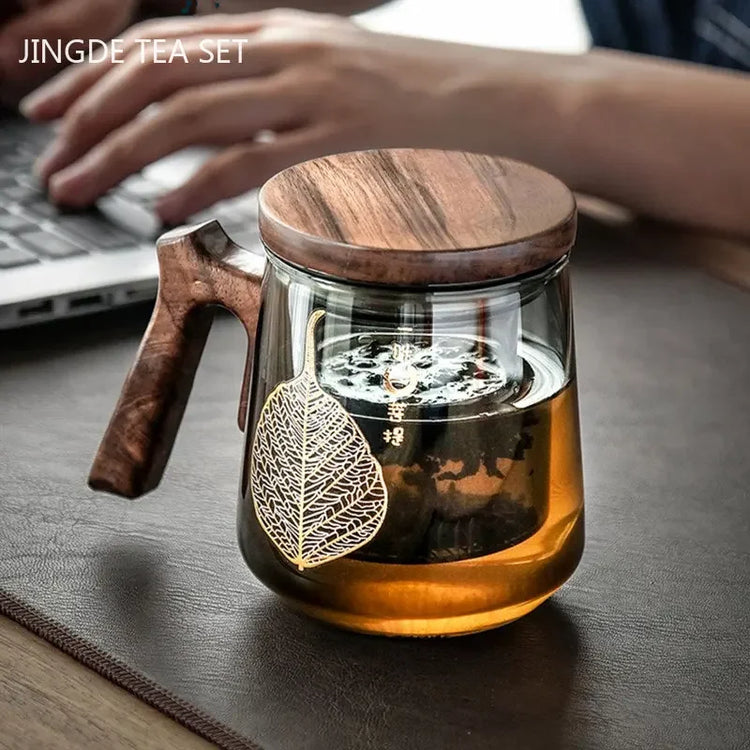 430ml Modern Exquisite Glass Teacup Tea Water Separation Filter Tea Infuser Office Wooden Handle Mug Custom Tea Set Gifts