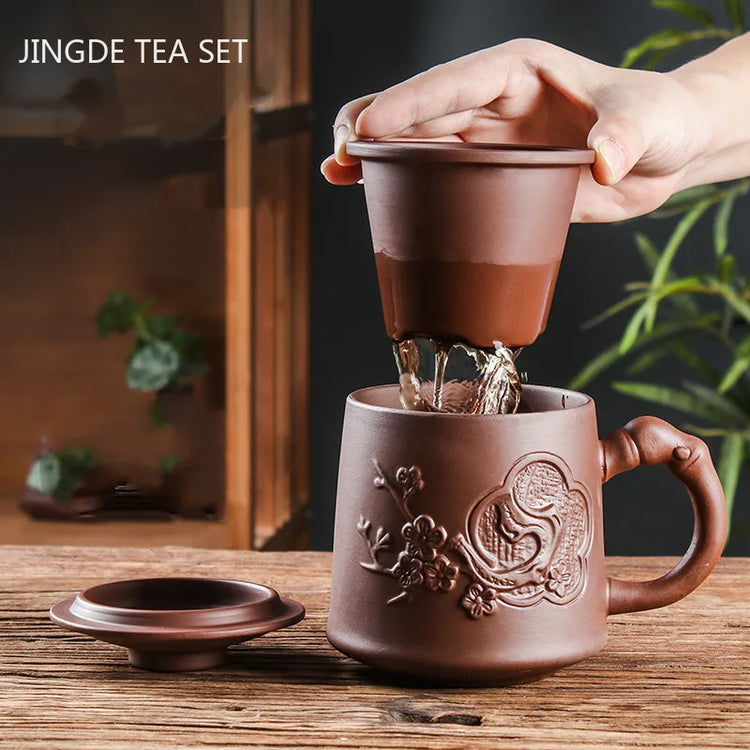 Yixing Purple Clay Tea Cup with Lid Filter Inner Bile Teacup Handmade Dragon Pattern Master Cup Chinese Boutique Tea Sets