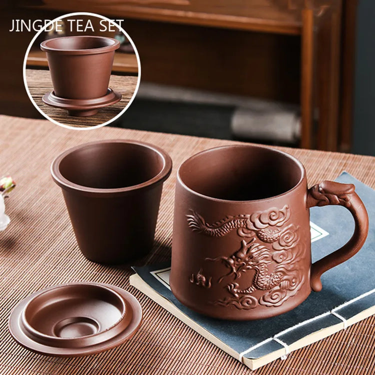 Yixing Purple Clay Tea Cup with Lid Filter Inner Bile Teacup Handmade Dragon Pattern Master Cup Chinese Boutique Tea Sets