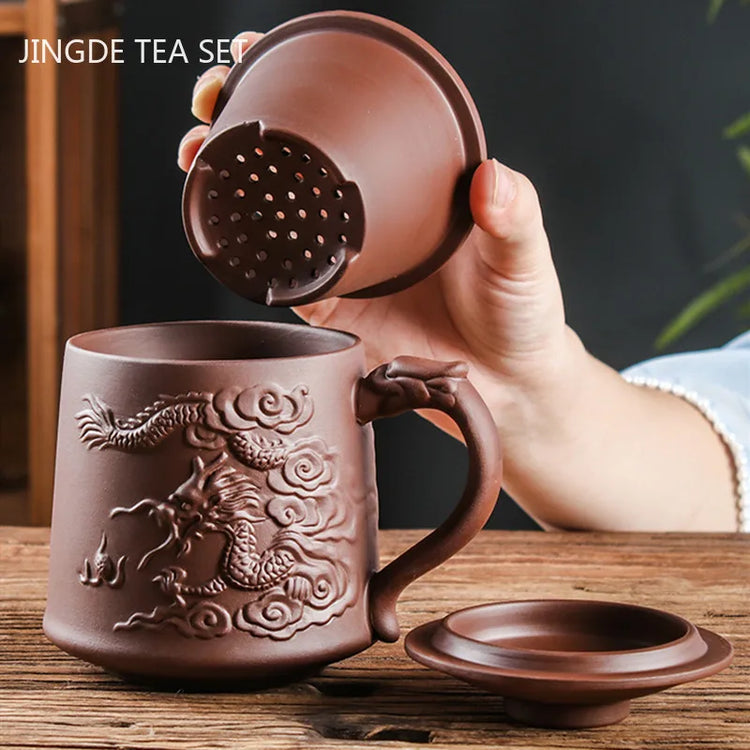 Yixing Purple Clay Tea Cup with Lid Filter Inner Bile Teacup Handmade Dragon Pattern Master Cup Chinese Boutique Tea Sets