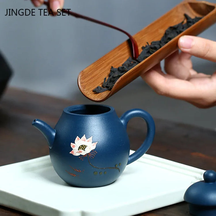 Yixing Raw Ore Azure Mud Tea Kettle Hand-painted Lotus Purple Clay Teapot Ball Hole Filter Beauty Tea Pot Tea Set Supplies 130ml