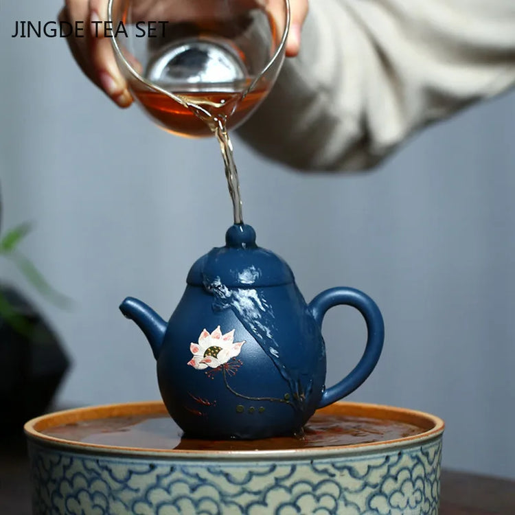 Yixing Raw Ore Azure Mud Tea Kettle Hand-painted Lotus Purple Clay Teapot Ball Hole Filter Beauty Tea Pot Tea Set Supplies 130ml