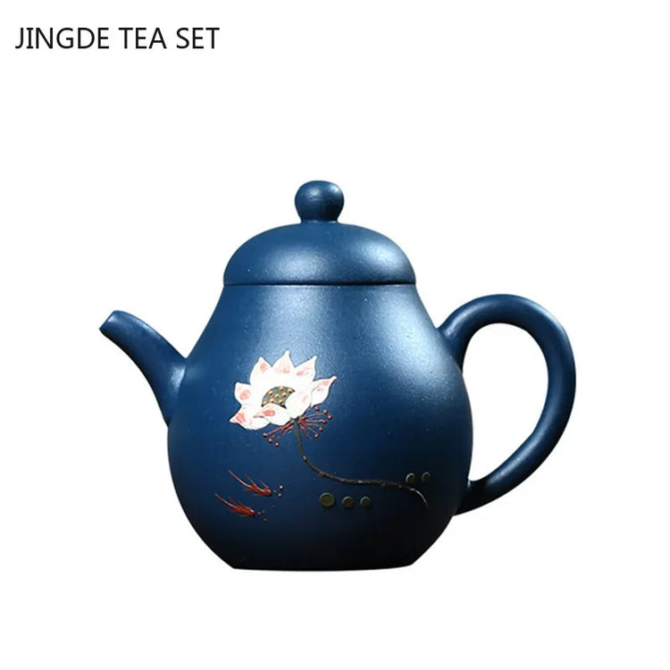 Yixing Raw Ore Azure Mud Tea Kettle Hand-painted Lotus Purple Clay Teapot Ball Hole Filter Beauty Tea Pot Tea Set Supplies 130ml