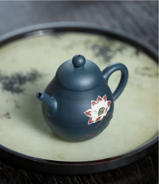 Yixing Raw Ore Azure Mud Tea Kettle Hand-painted Lotus Purple Clay Teapot Ball Hole Filter Beauty Tea Pot Tea Set Supplies 130ml